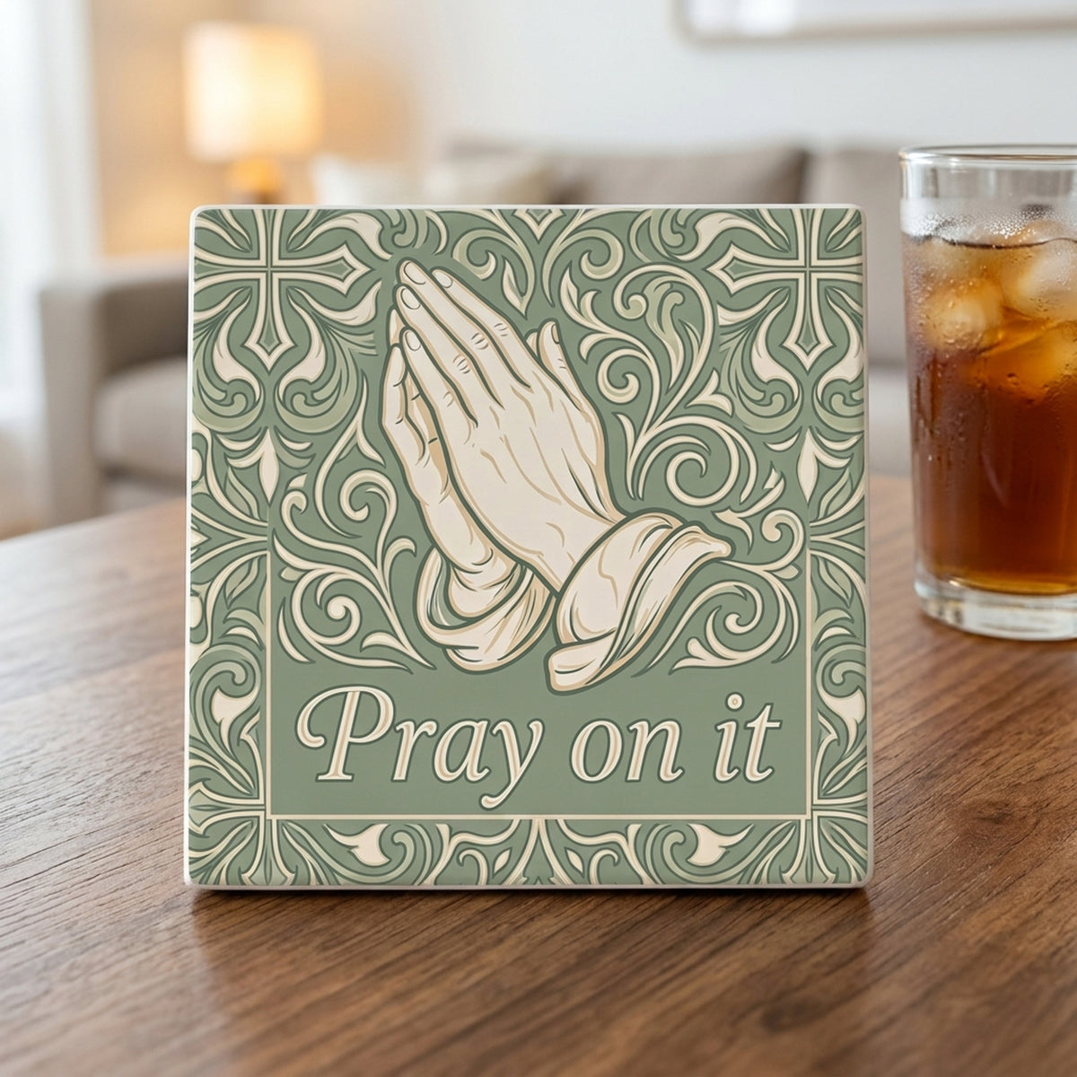 Pray On It ceramic coasters set of 4, lifestyle