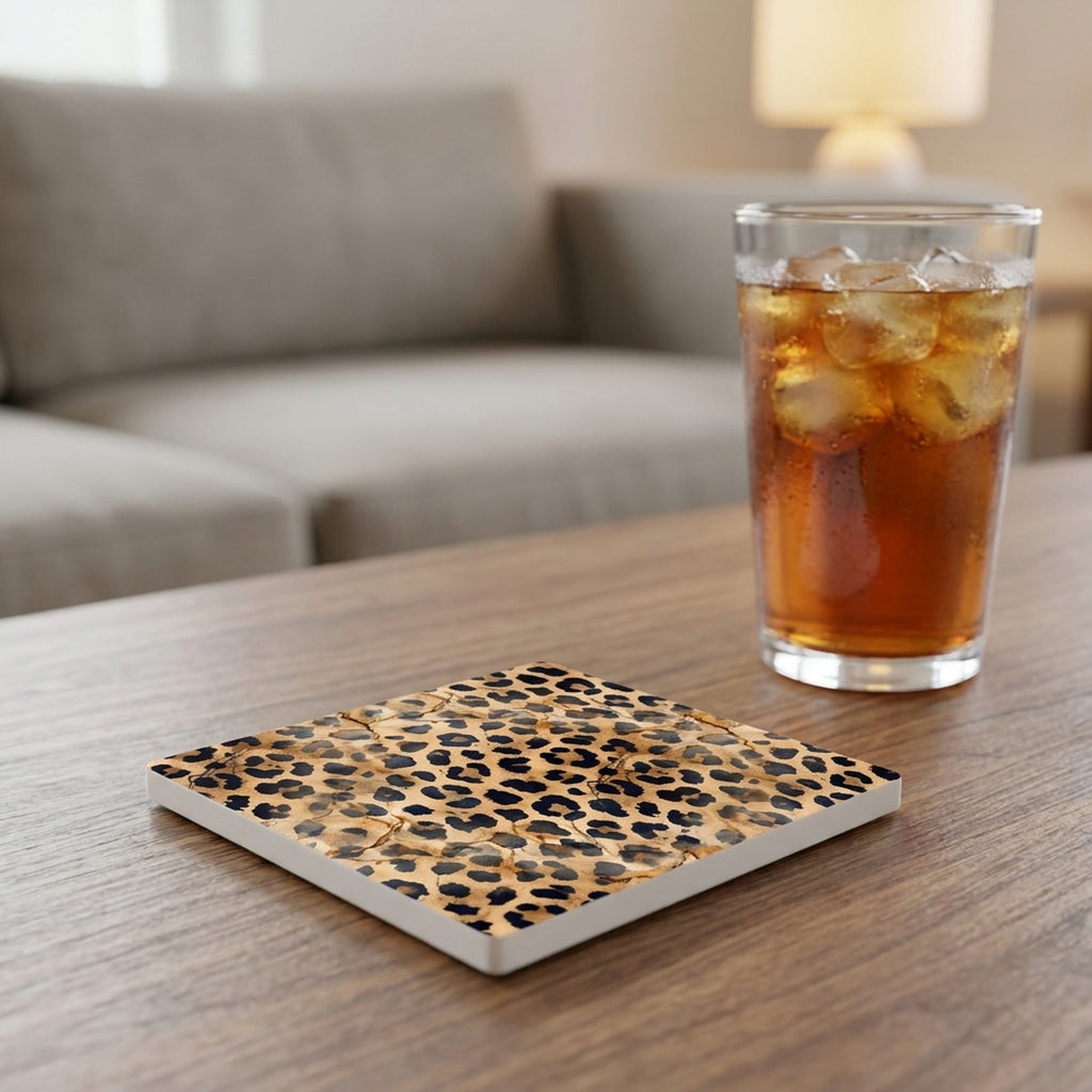 Cheetah Print ceramic coasters set of 4, lifestyle