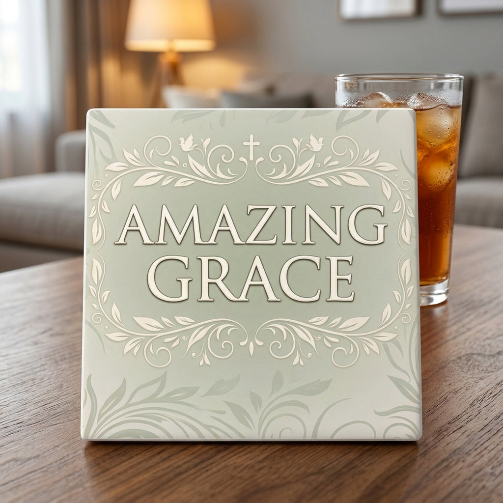 Amazing Grace ceramic coasters set of 4, lifestyle
