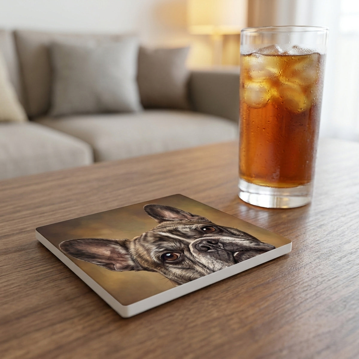French Bulldog Portrait ceramic coasters set of 4, lifestyle