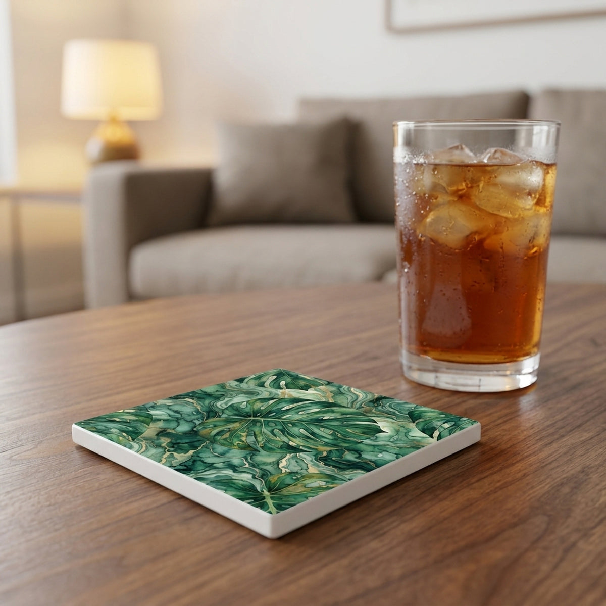 Tropical Monstera ceramic coasters set of 4, lifestyle