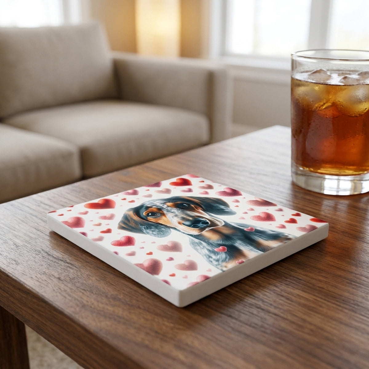 Bluetick Coonhound ceramic coasters set of 4, lifestyle