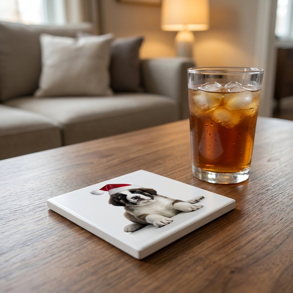 St. Bernard Puppy ceramic coasters set of 4, lifestyle
