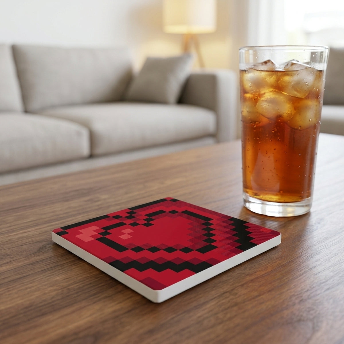 8-Bit Pixel Heart ceramic coasters set of 4, lifestyle