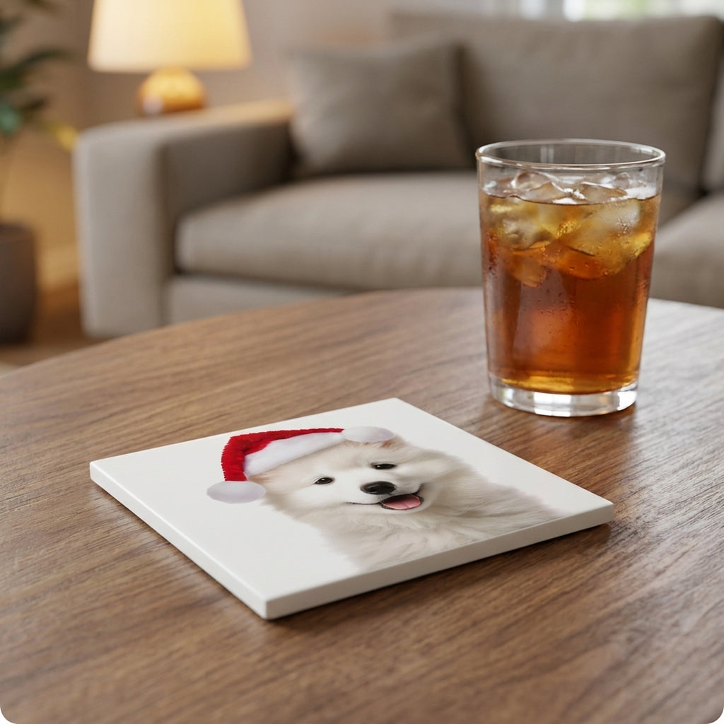 Samoyed Puppy ceramic coasters set of 4, lifestyle
