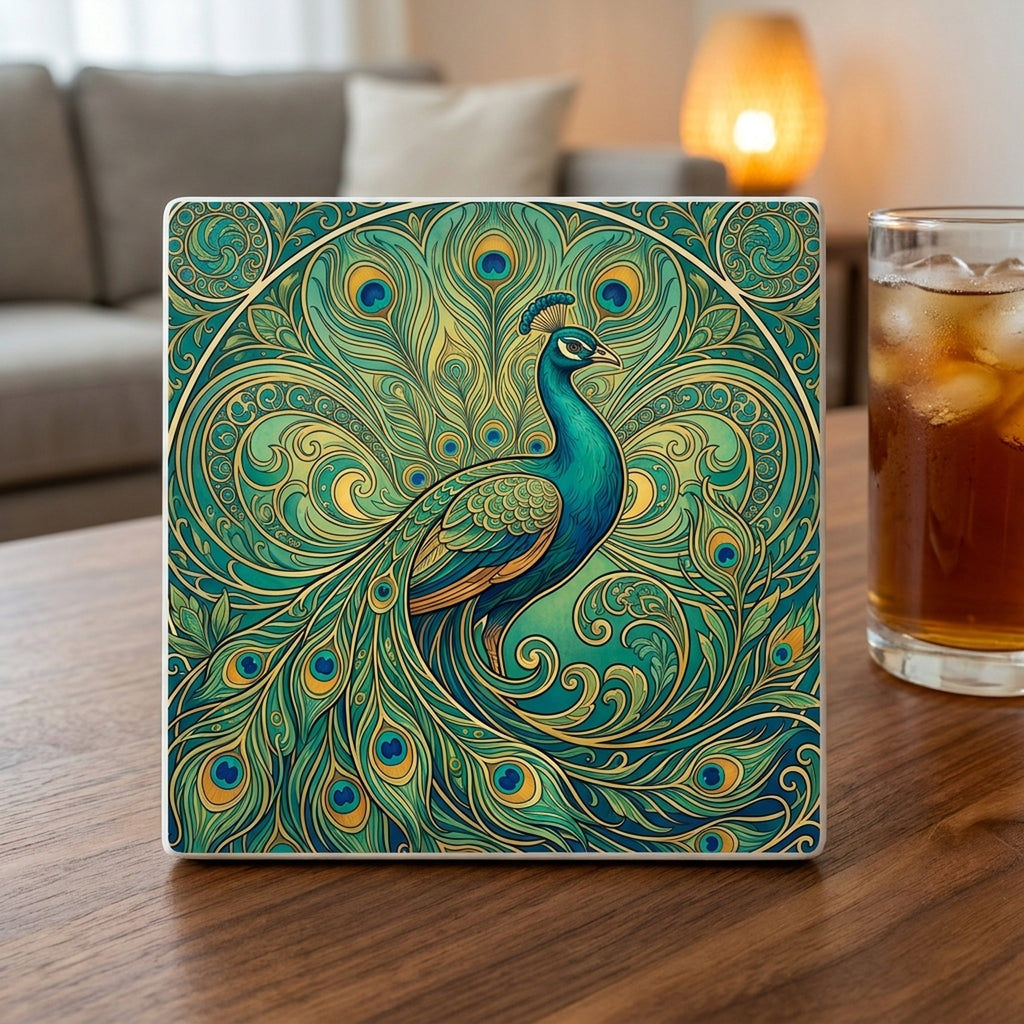 Art Nouveau Peacock ceramic coasters set of 4, lifestyle