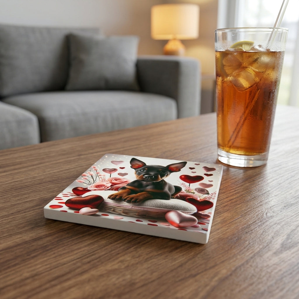 Doberman Pinscher ceramic coasters set of 4, lifestyle