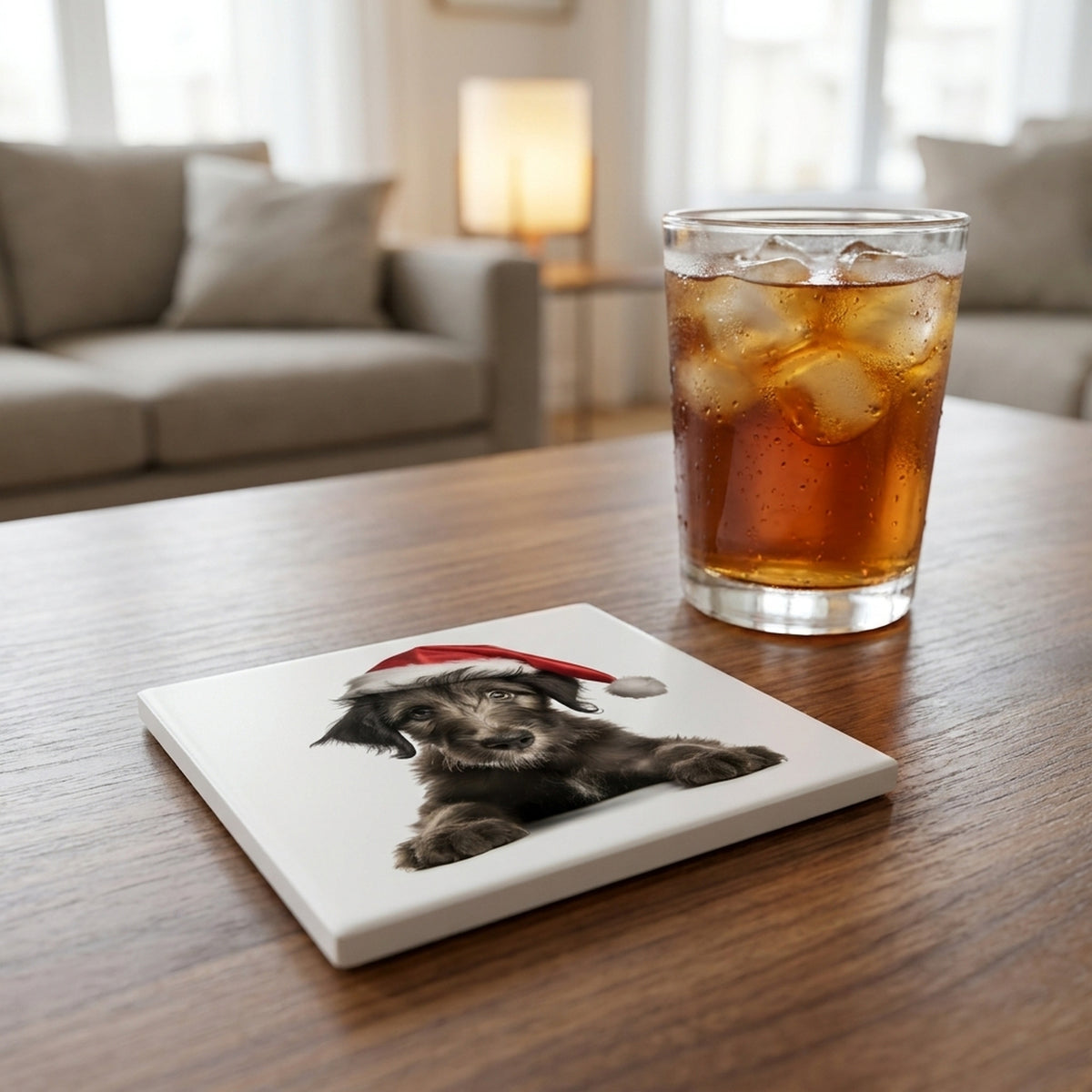 Scottish Deerhound Puppy ceramic coasters set of 4, lifestyle