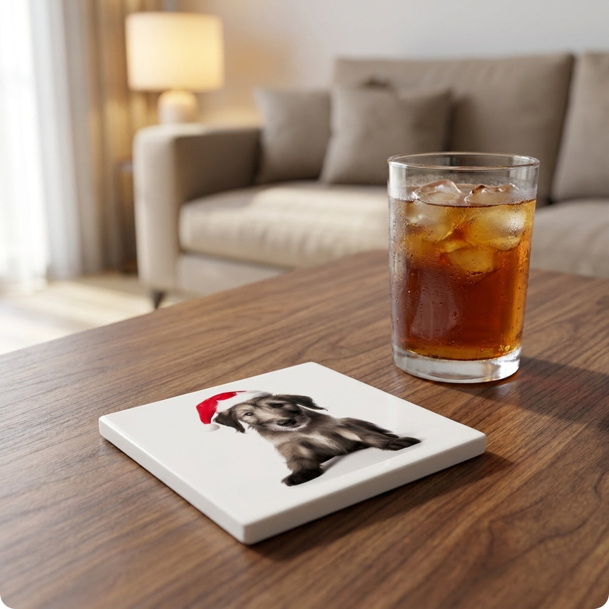 Irish Wolfhound Puppy ceramic coasters set of 4, lifestyle