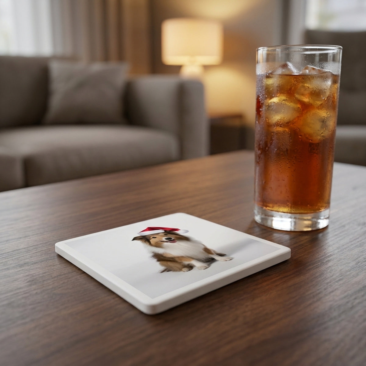 Shetland Sheepdog ceramic coasters set of 4, lifestyle