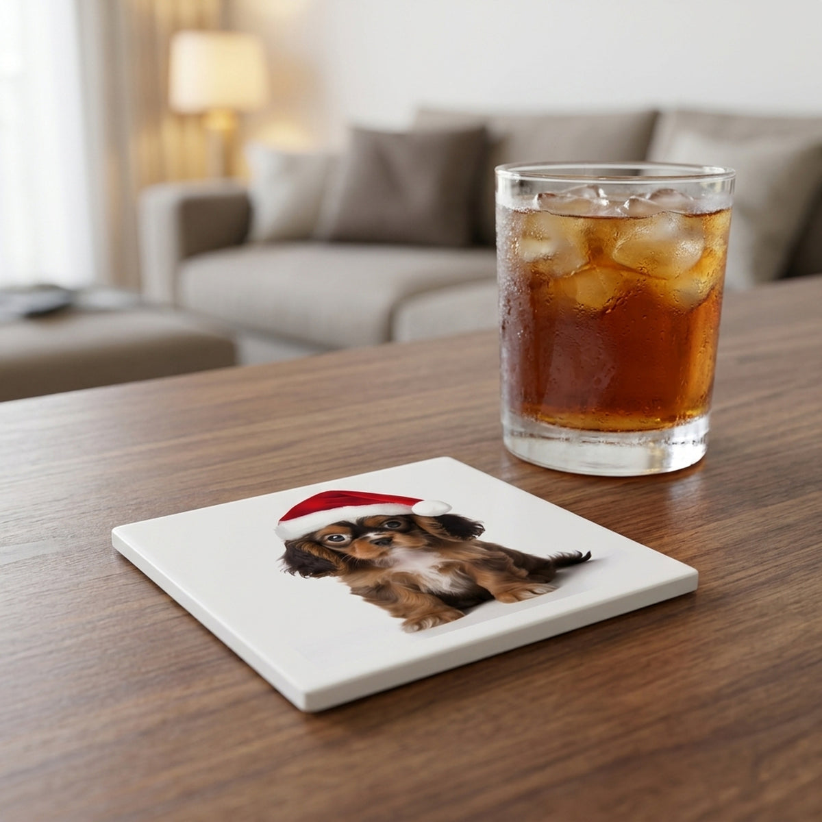 English Toy Spaniel Puppy ceramic coasters set of 4, lifestyle