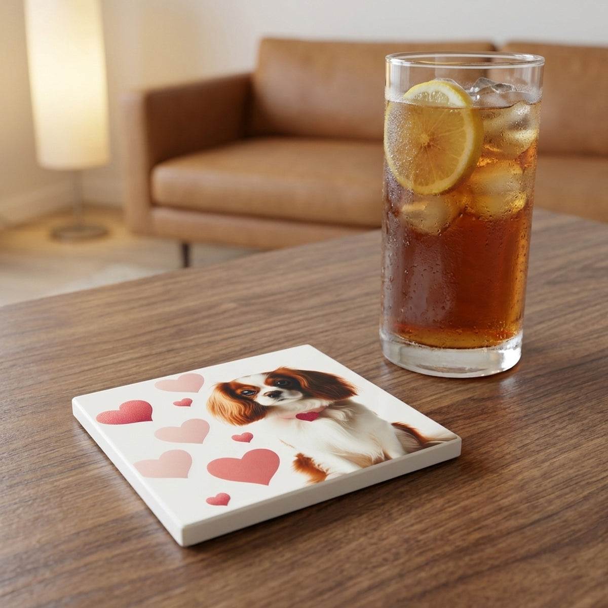 Cavalier King Charles Spaniel ceramic coasters set of 4, lifestyle