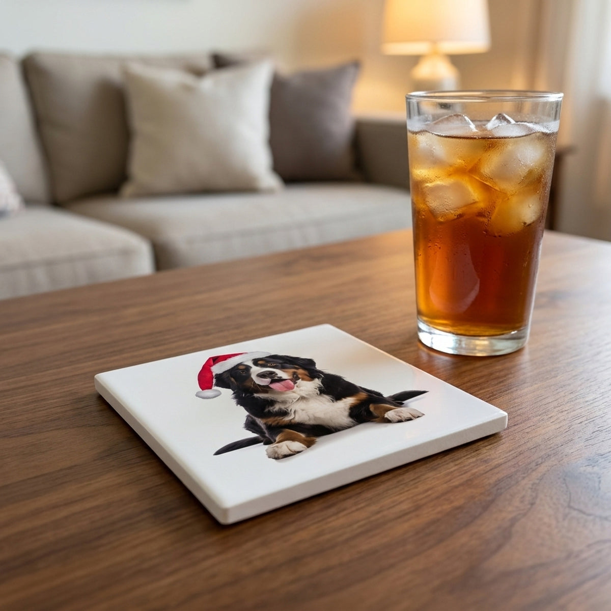 Greater Swiss Mountain Dog ceramic coasters set of 4, lifestyle