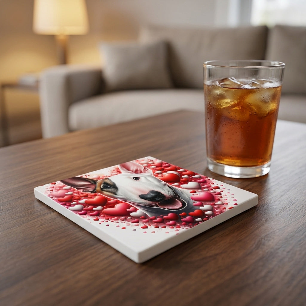Bull Terrier ceramic coasters set of 4, lifestyle