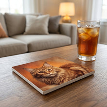 Maine Coon Cat Portrait ceramic coasters set of 4, lifestyle