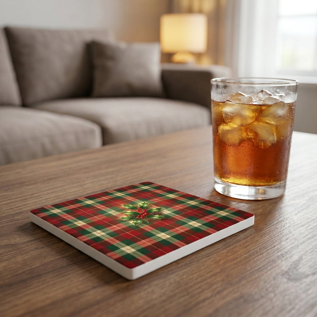 Christmas Plaid ceramic coasters set of 4, lifestyle