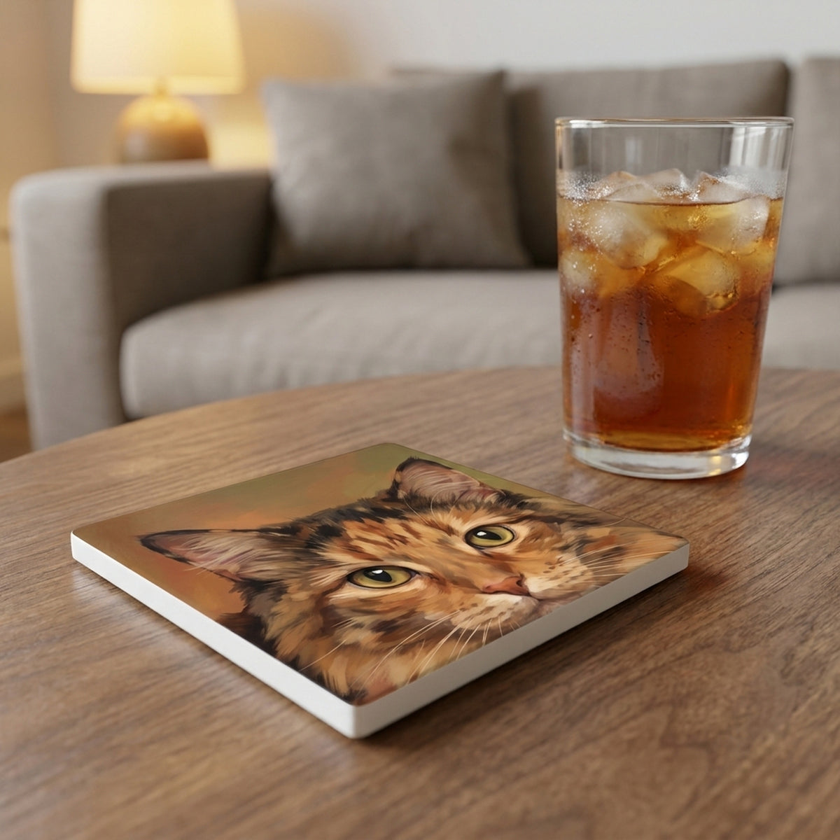Calico Cat Portrait ceramic coasters set of 4, lifestyle
