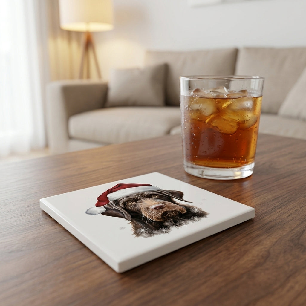 German Wirehaired Pointer Puppy Drawing ceramic coasters set of 4, lifestyle