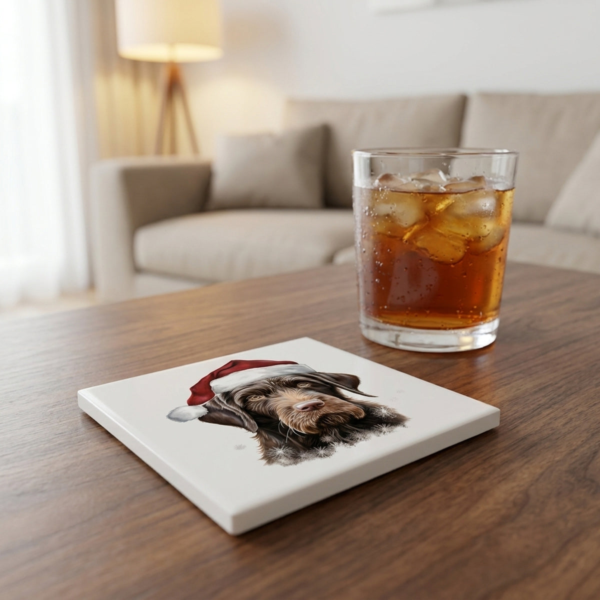 German Wirehaired Pointer Puppy Drawing ceramic coasters set of 4, lifestyle