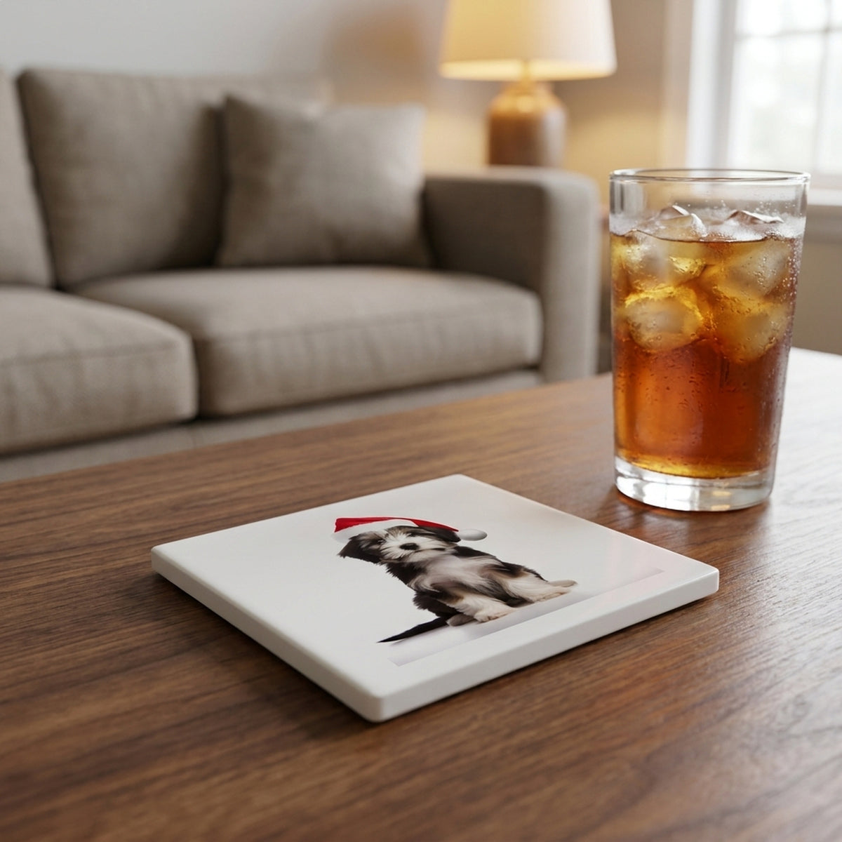 Tibetan Terrier Puppy ceramic coasters set of 4, lifestyle