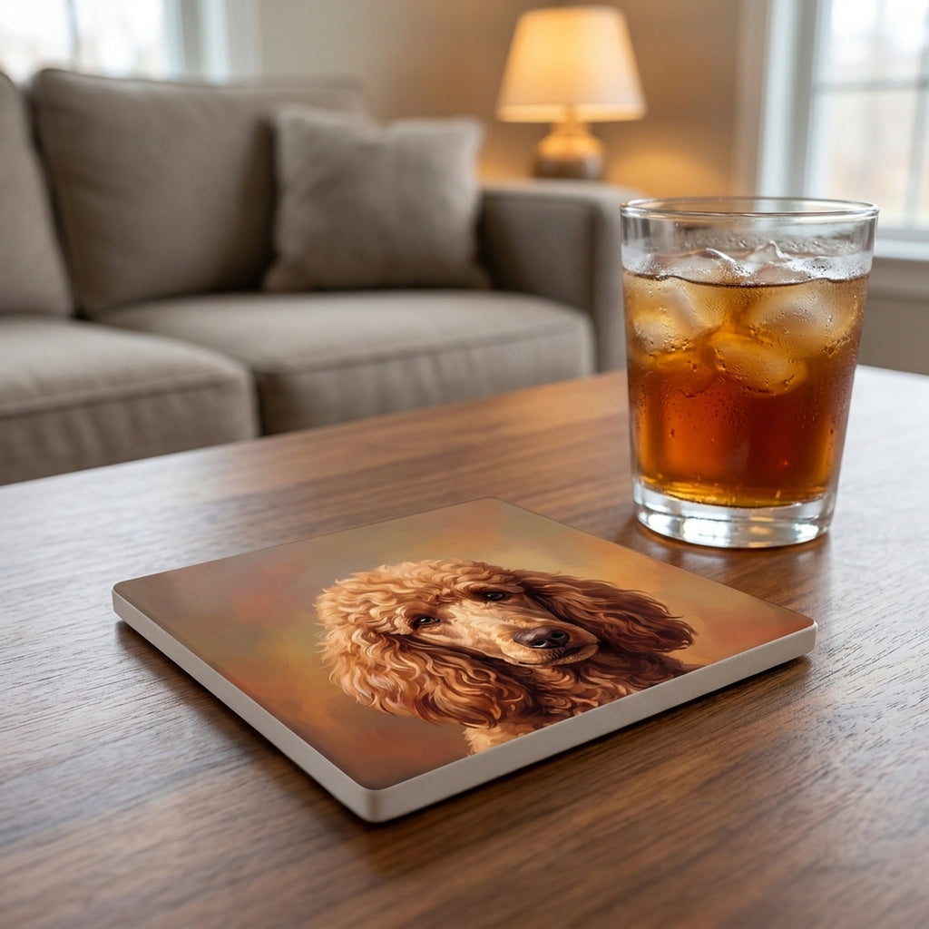 Poodle Portrait ceramic coasters set of 4, lifestyle