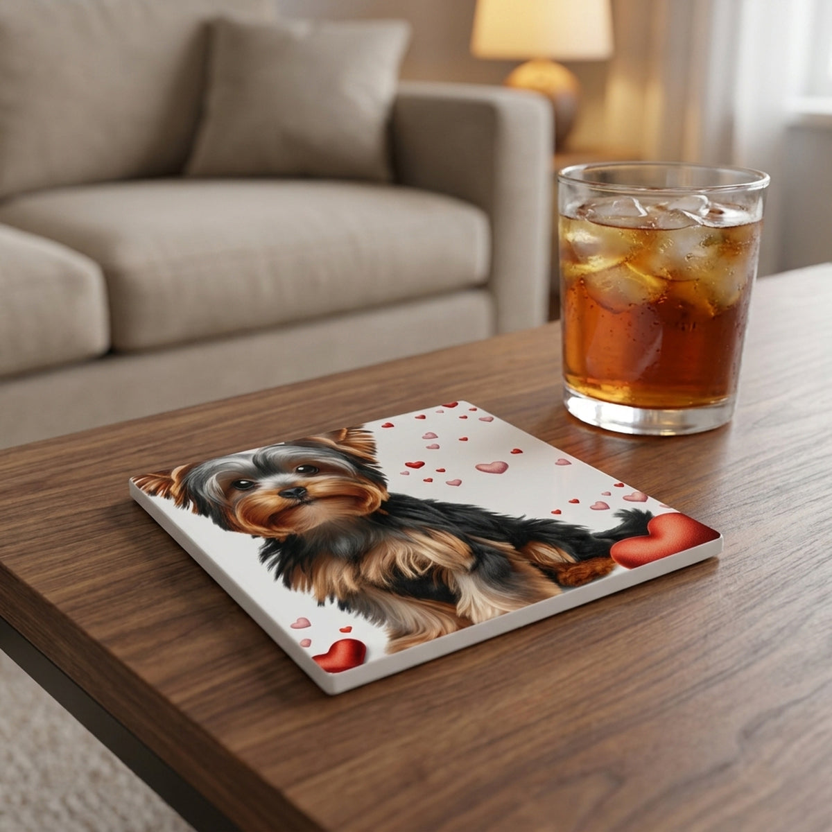 Yorkshire Terrier ceramic coasters set of 4, lifestyle
