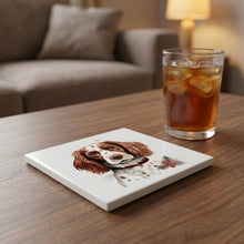 Irish Red and White Setter Puppy Drawing ceramic coasters set of 4, lifestyle