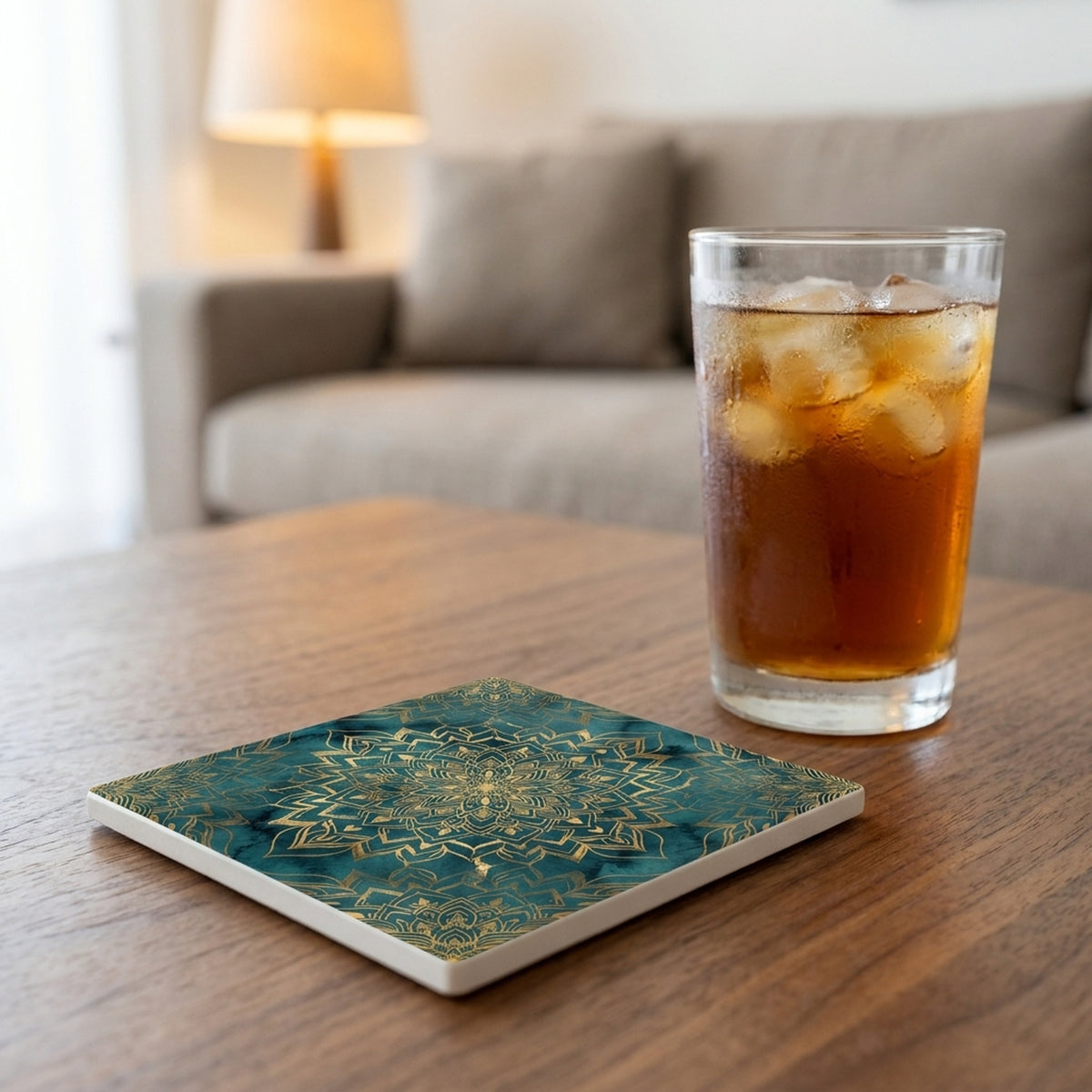 Mandala ceramic coasters set of 4, lifestyle