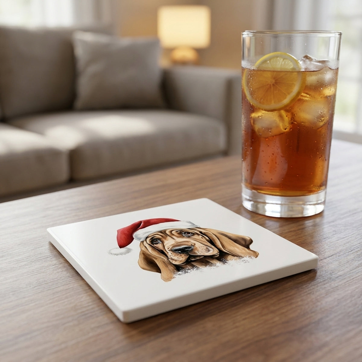 Bloodhound Puppy Drawing ceramic coasters set of 4, lifestyle