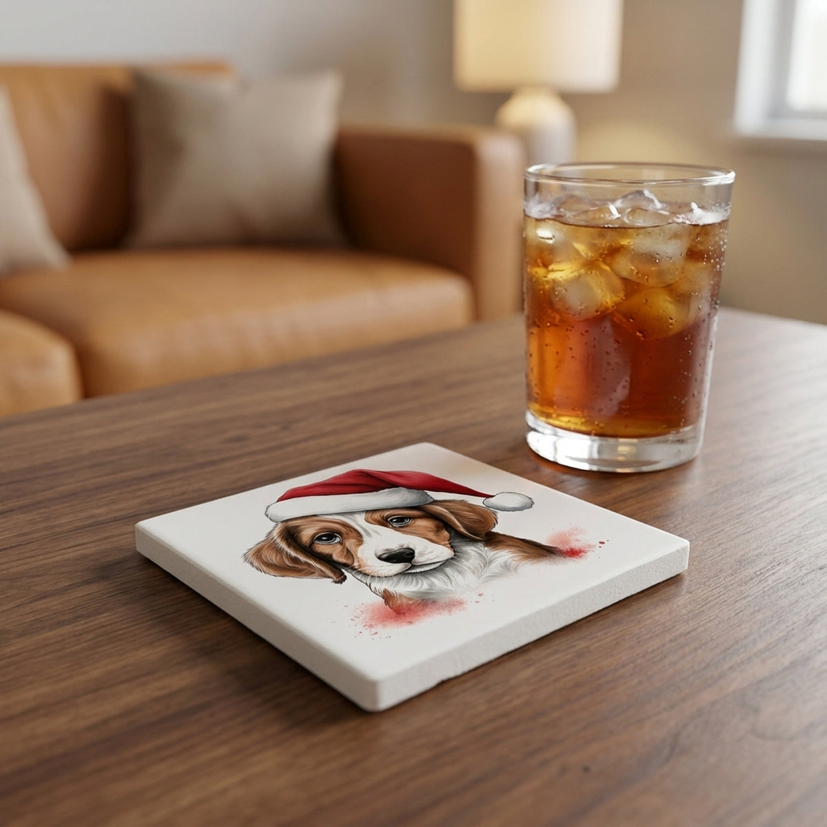 Brittany Puppy Drawing ceramic coasters set of 4, lifestyle