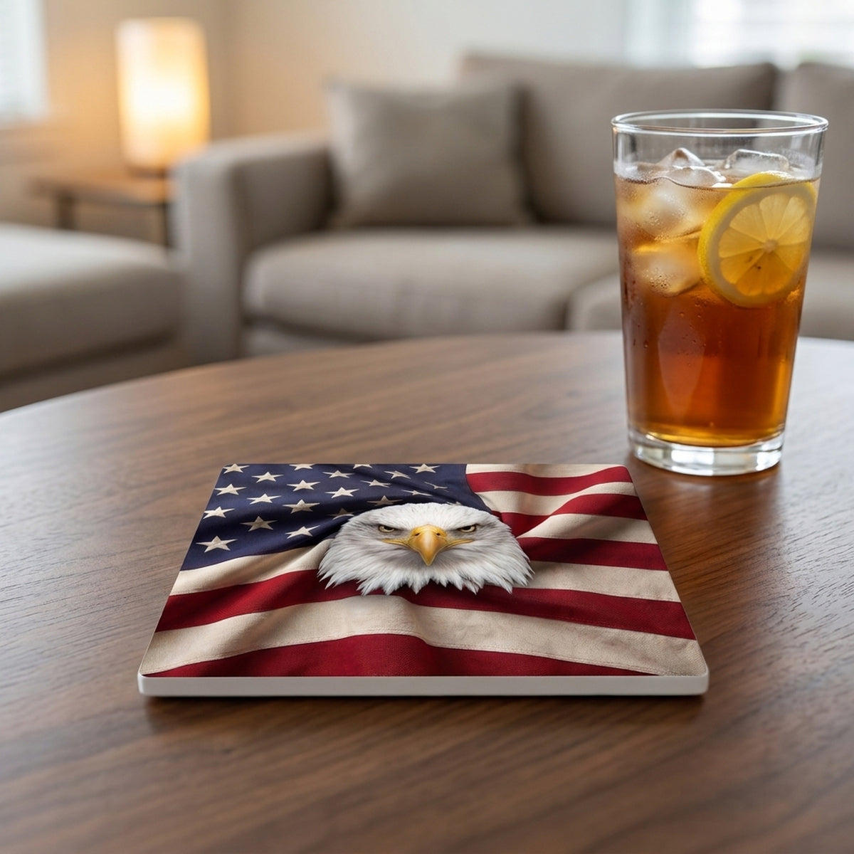 Patriotic Eagle & Flag ceramic coasters set of 4, lifestyle