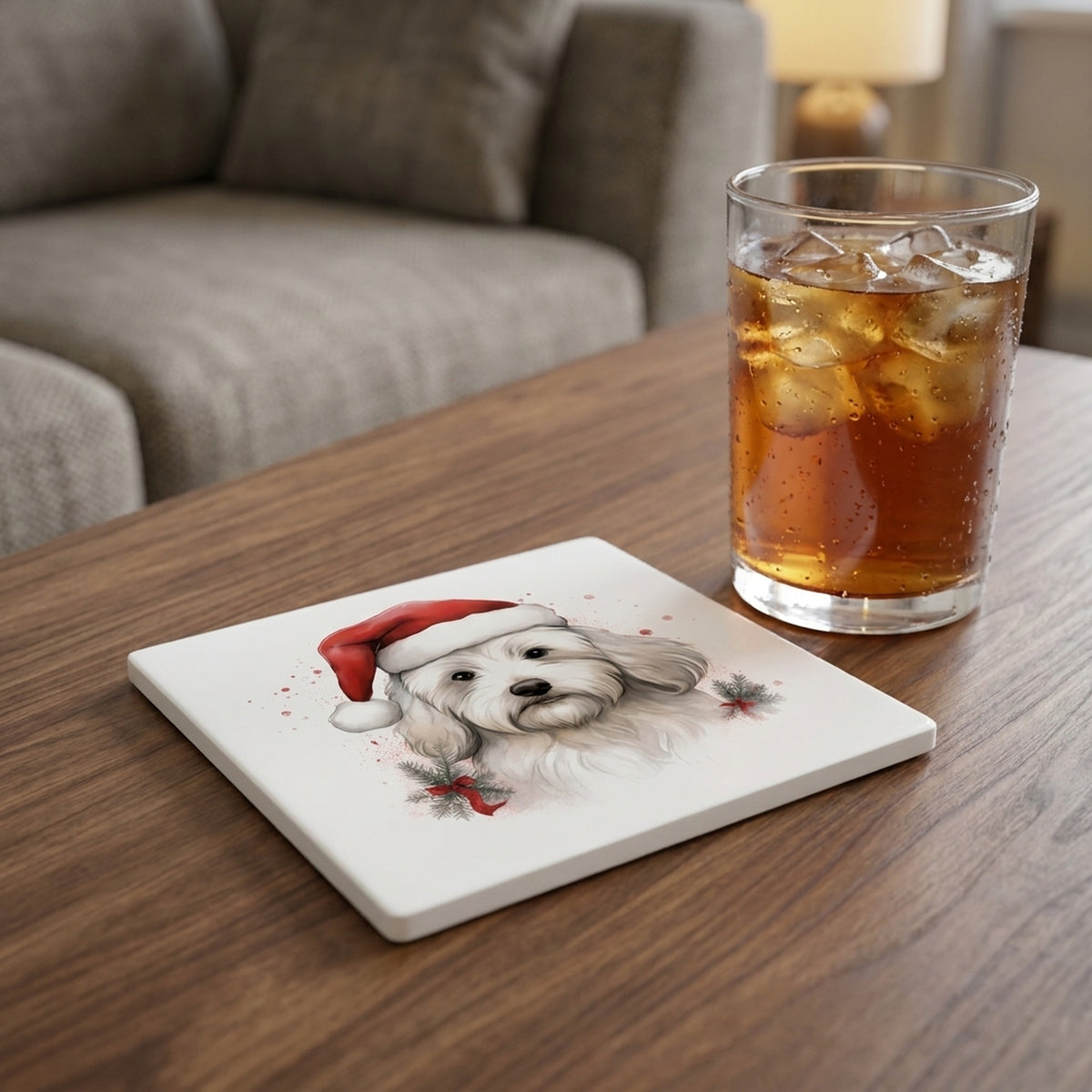 Coton de Tulear ceramic coasters set of 4, lifestyle