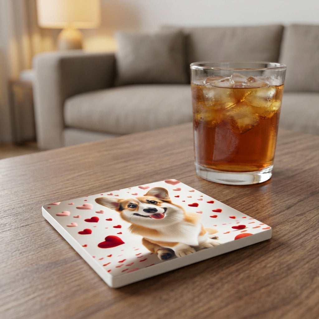 Pembroke Welsh Corgi ceramic coasters set of 4, lifestyle