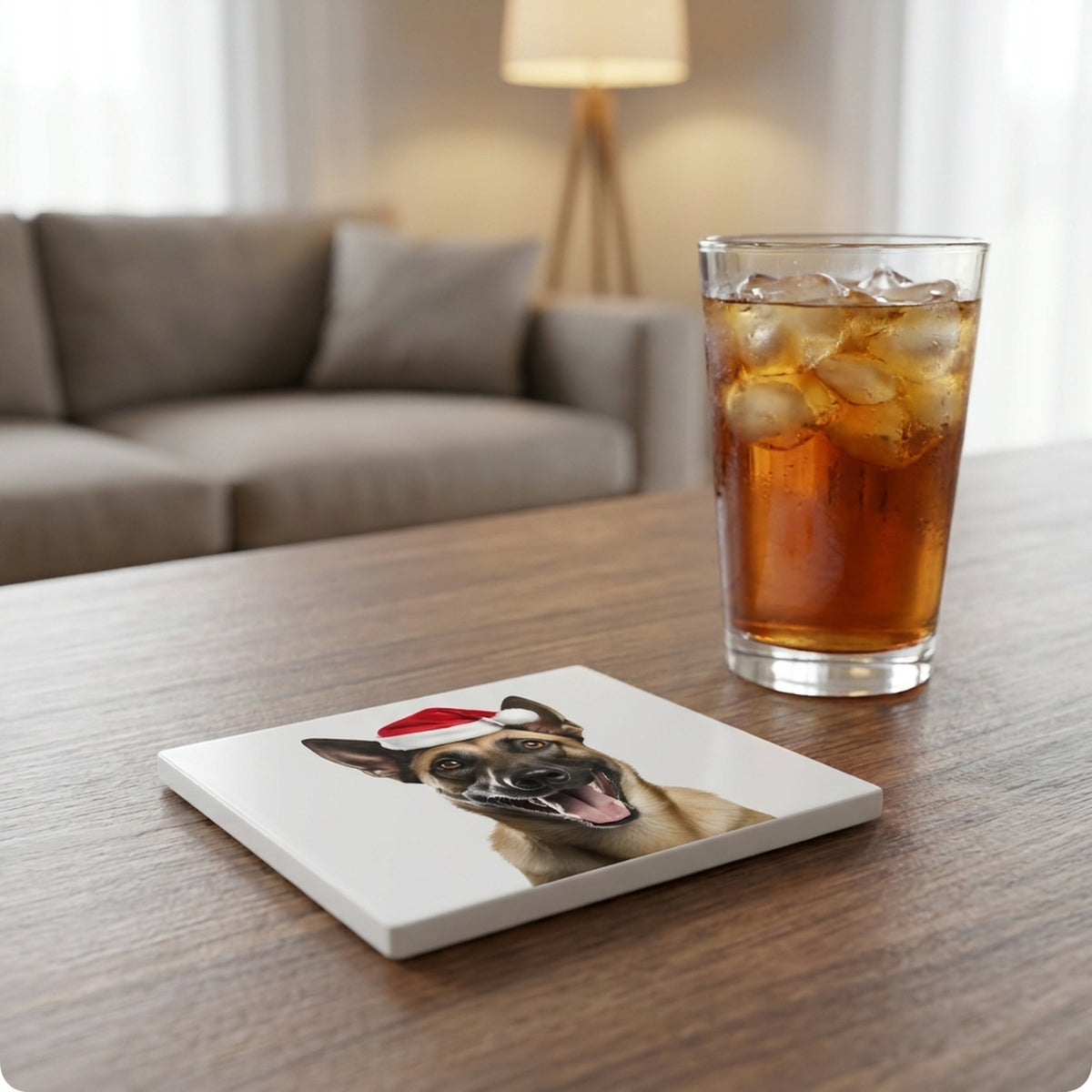 Belgian Malinois ceramic coasters set of 4, lifestyle