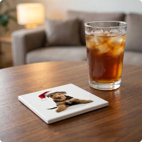 Airedale Terrier Puppy ceramic coasters set of 4, lifestyle