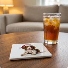 Irish Red and White Setter Puppy ceramic coasters set of 4, lifestyle