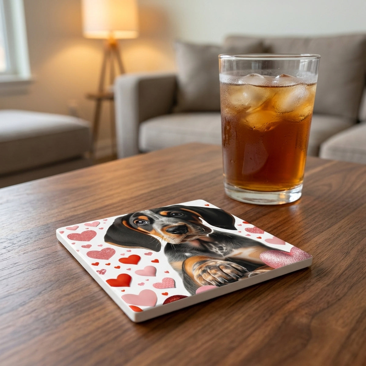 Bluetick Coonhound ceramic coasters set of 4, lifestyle