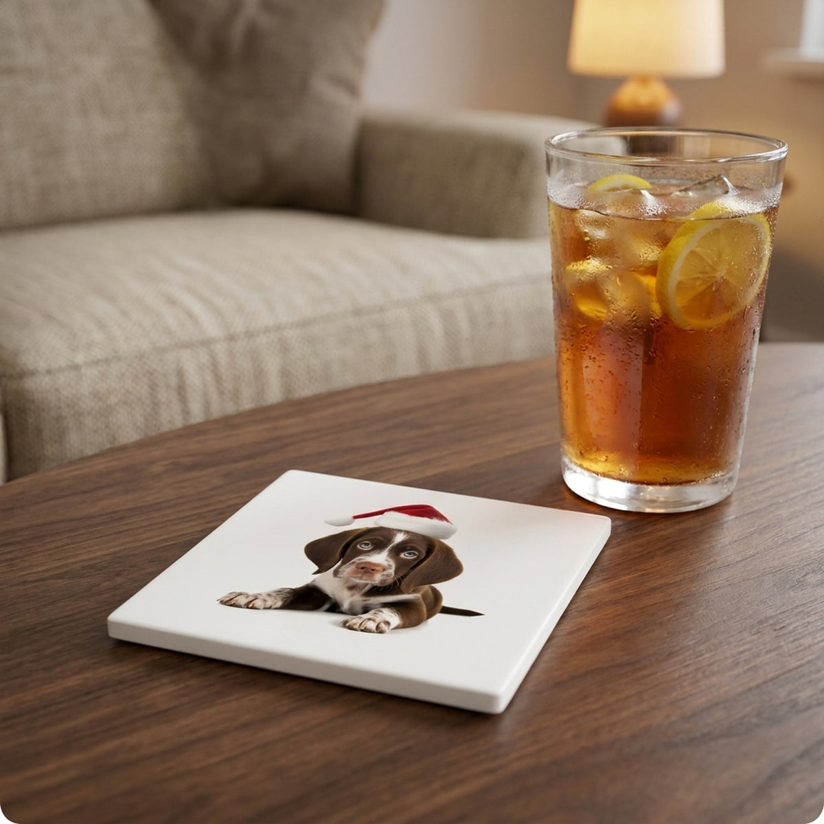 Pointer Puppy ceramic coasters set of 4, lifestyle