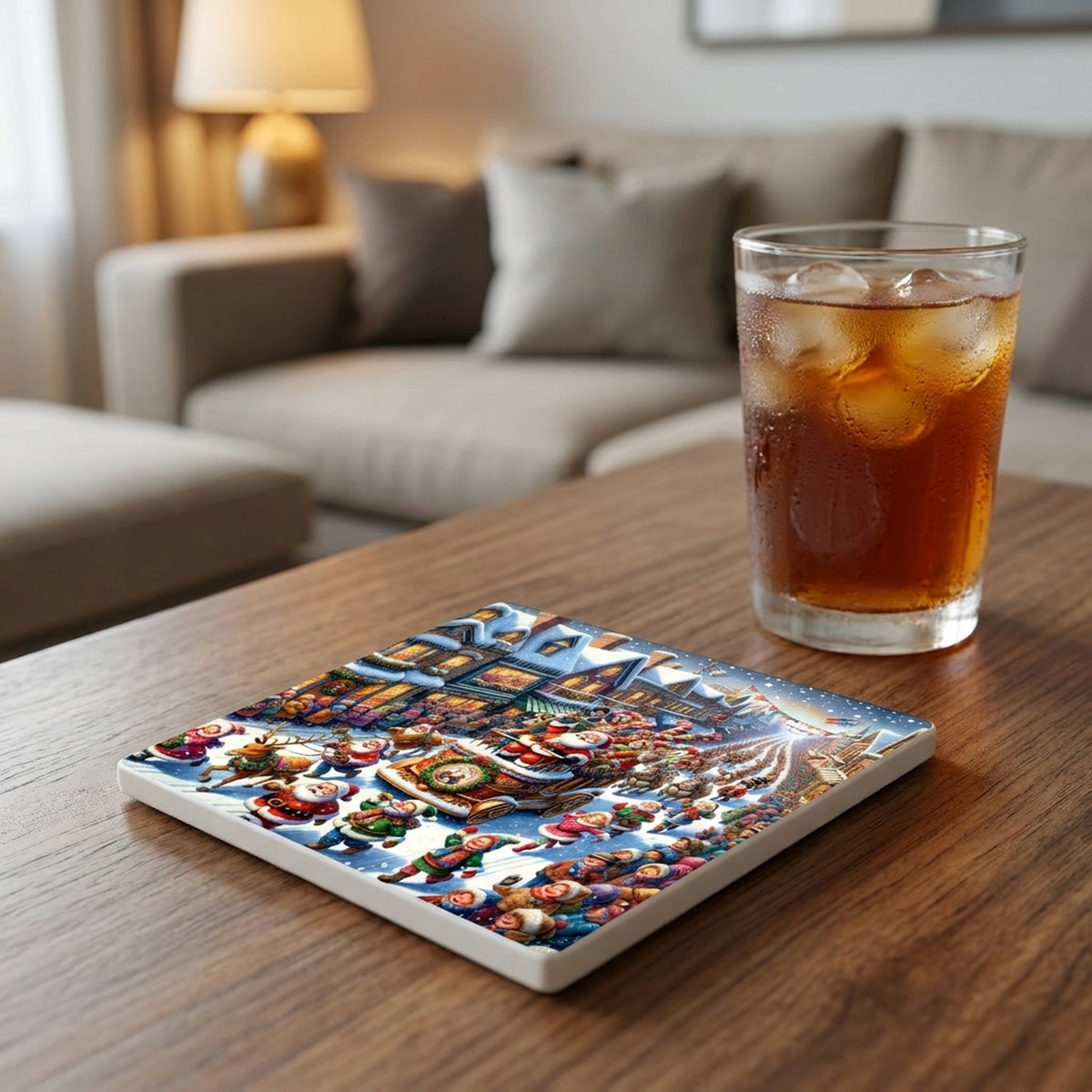 Vintage Santa Parade ceramic coasters set of 4, lifestyle