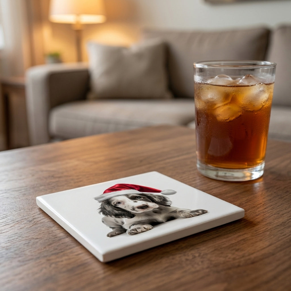 English Setter Puppy ceramic coasters set of 4, lifestyle
