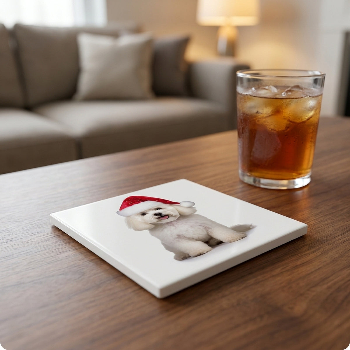Bichon Frise ceramic coasters set of 4, lifestyle