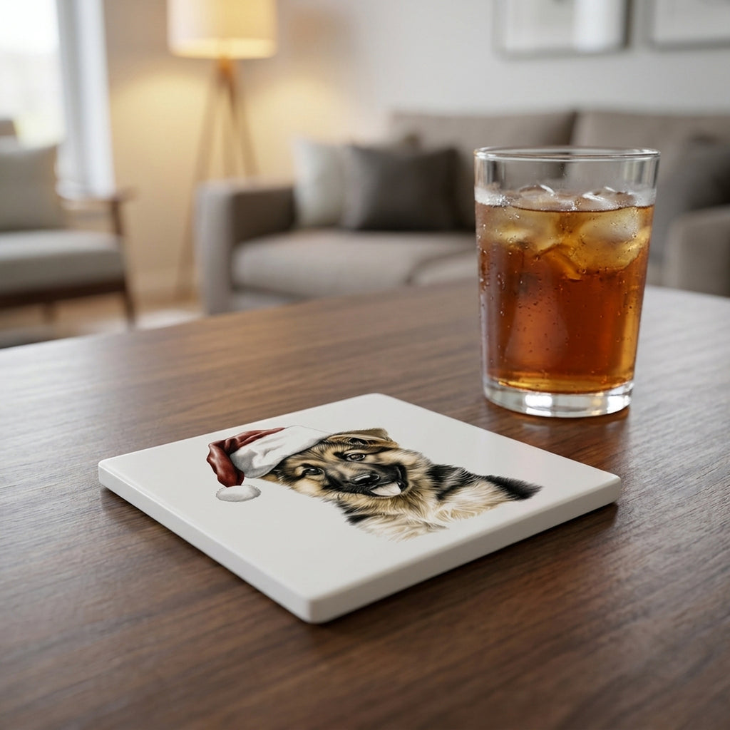 German Shepherd Dog Puppy Drawing ceramic coasters set of 4, lifestyle