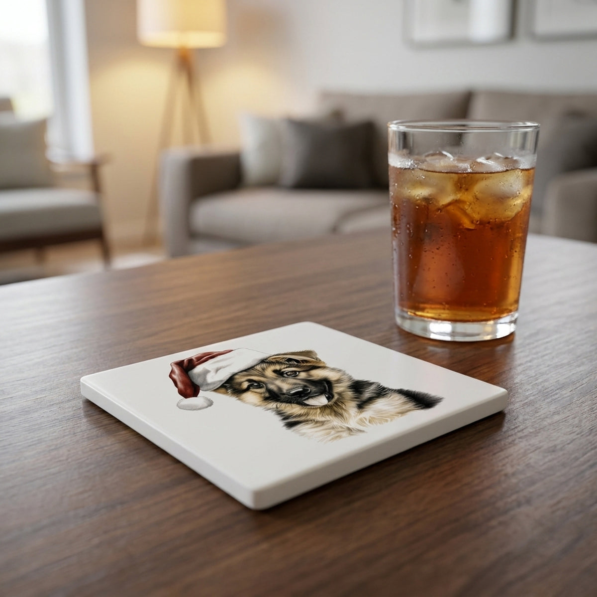 German Shepherd Dog Puppy Drawing ceramic coasters set of 4, lifestyle