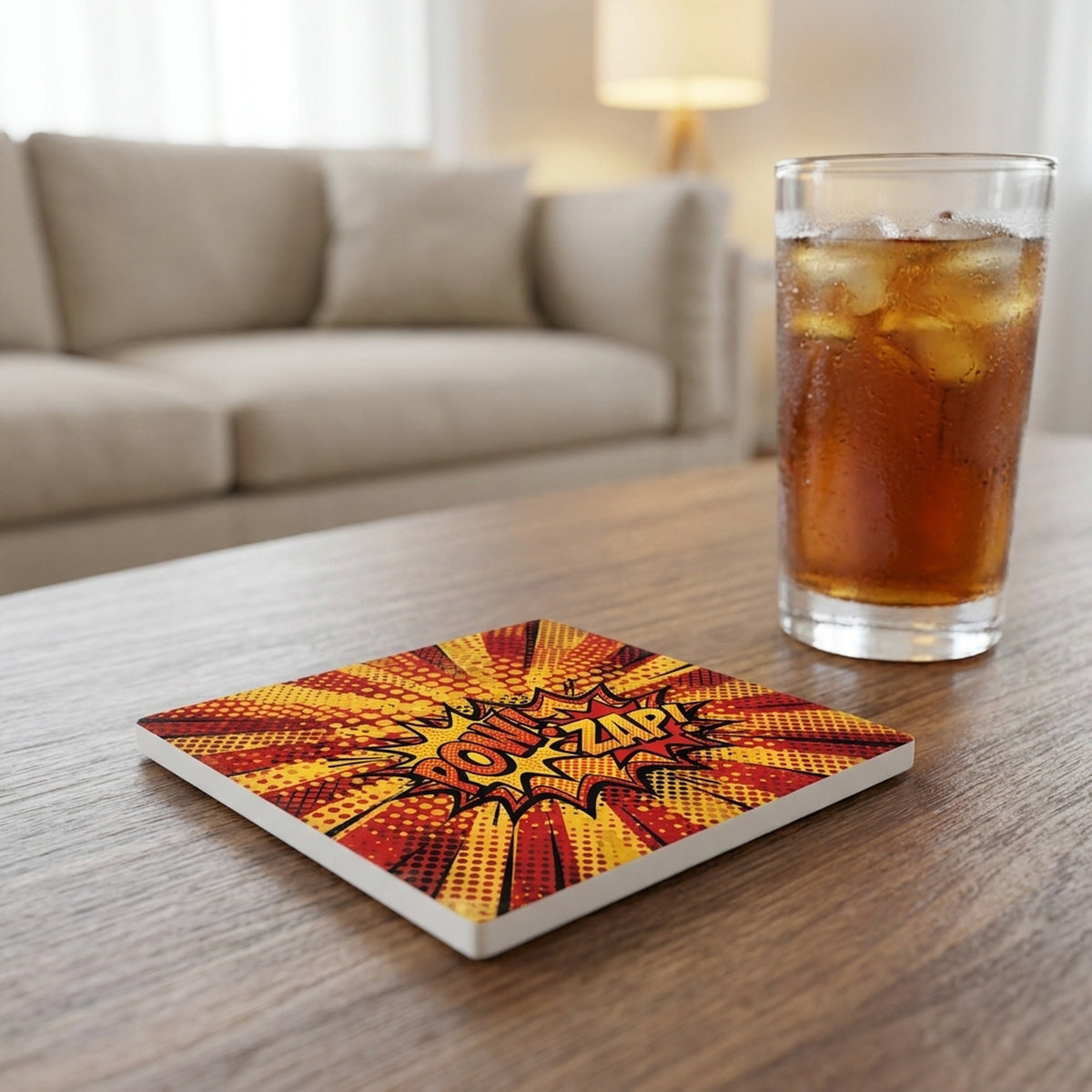 Pop Art Comic Dots ceramic coasters set of 4, lifestyle