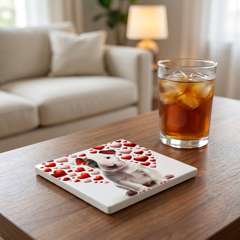 Bull Terrier ceramic coasters set of 4, lifestyle