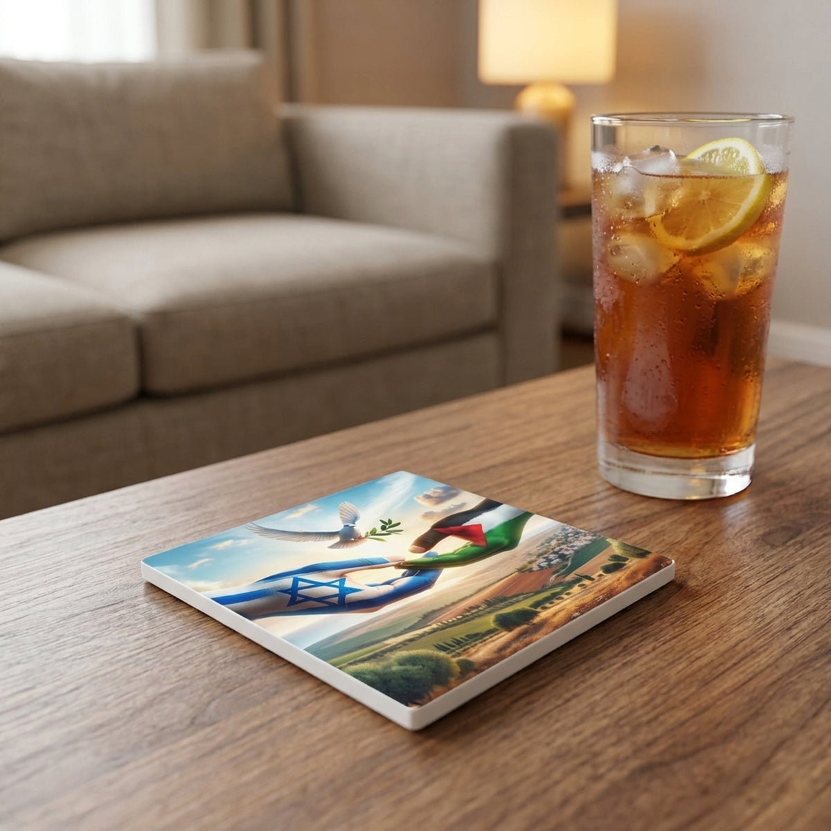 Peace Dove Olive Branch ceramic coasters set of 4, lifestyle