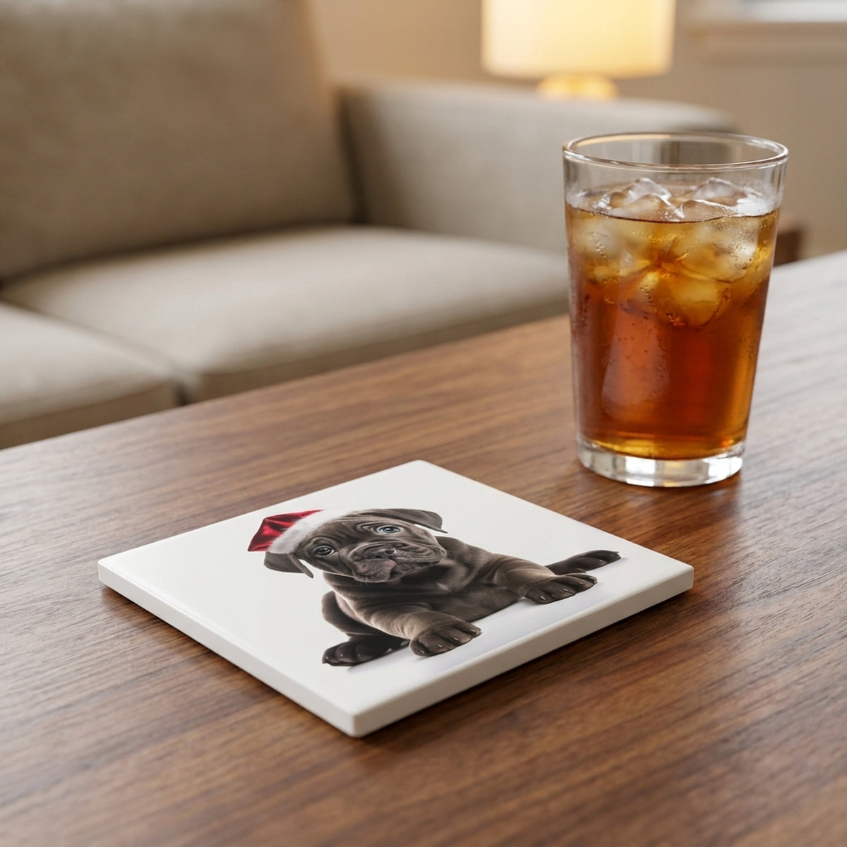 Cane Corso Puppy ceramic coasters set of 4, lifestyle