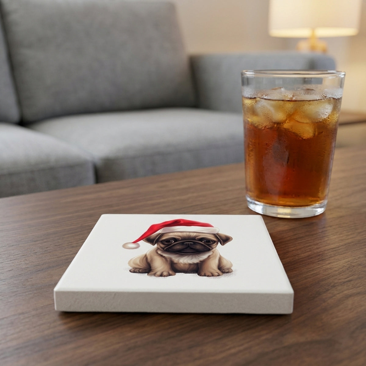 Pug Puppy Drawing ceramic coasters set of 4, lifestyle