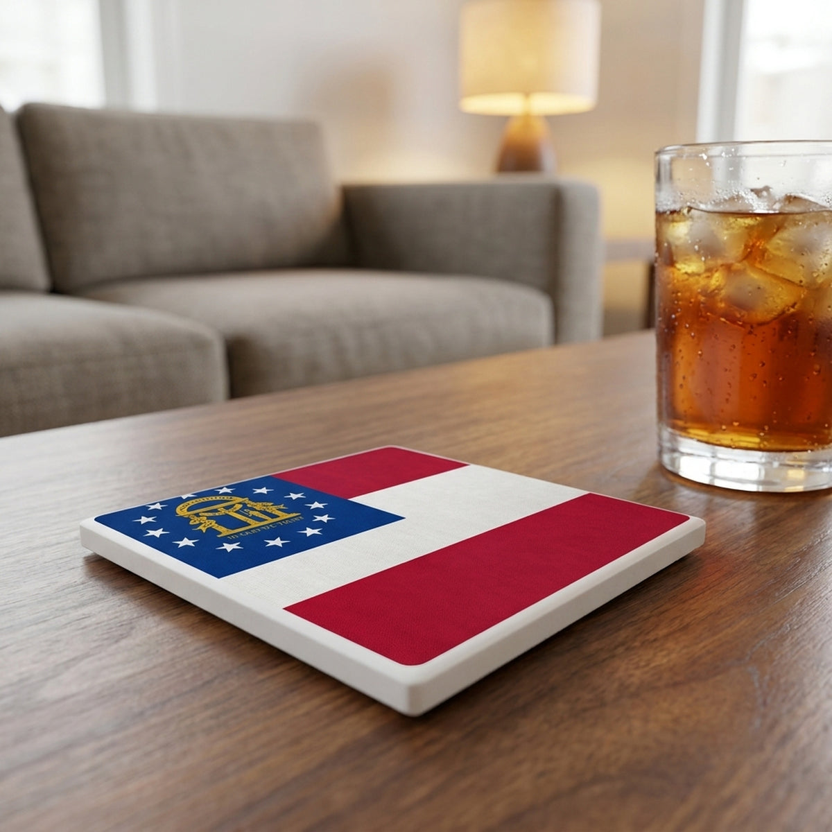 Georgia State Flag ceramic coasters set of 4, lifestyle