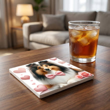 Shetland Sheepdog ceramic coasters set of 4, lifestyle